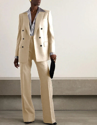 Fashion Grey Double Breasted Women Pants Set High-end Female Two Pieces(Jacket+Trousers)أطقم بناطيل