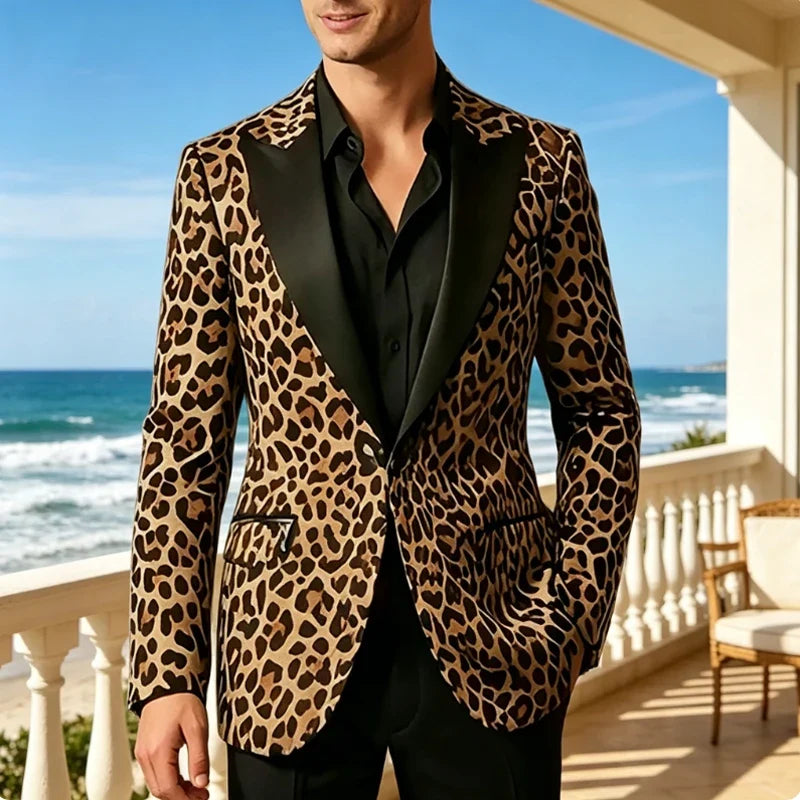 Men's Slim Fit Blazer Leopard Print Satin Lapel Single Button Jacket for Wedding Party