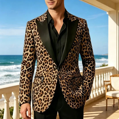 Men's Slim Fit Blazer Leopard Print Satin Lapel Single Button Jacket for Wedding Party