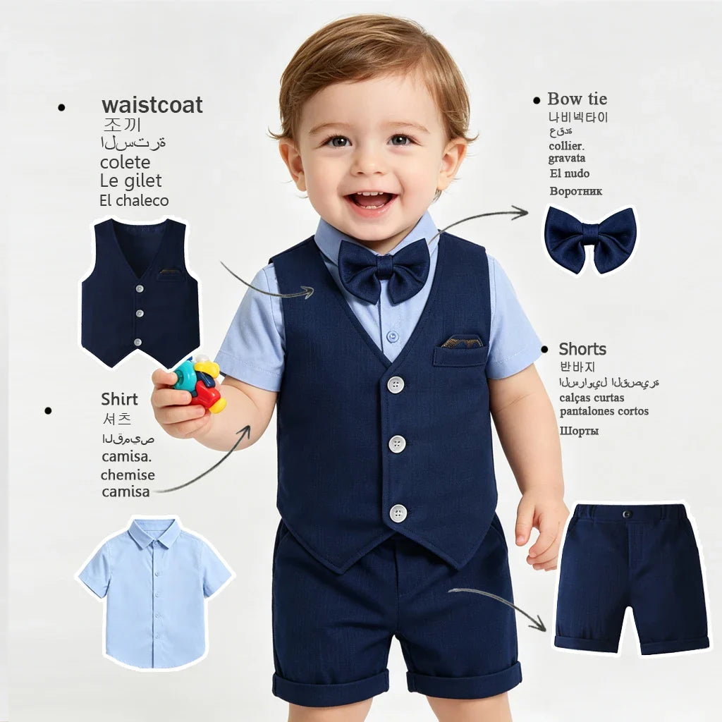 Baby Boys Sage Green Vest Short Sleeve Shirt Bow Tie Shorts 4pcs Clothes Set Kids Wedding Birthday Gentleman Formal Suit Set