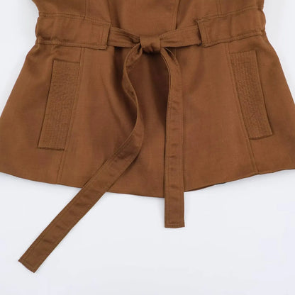 2026 Vintage Fashion Brown Sleeveless Trench Vest Lapel Collar Belted Waist Drawstring Sleeveless Waistcoat With Pockets