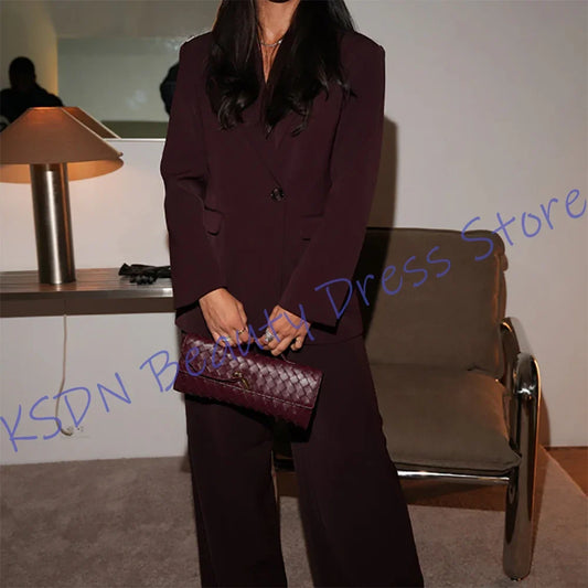 Professional Women's Burgundy Suits 2Piece Set Single-Button Blazer+Tailored Pants Elegant Outfit for Office or Evening Party