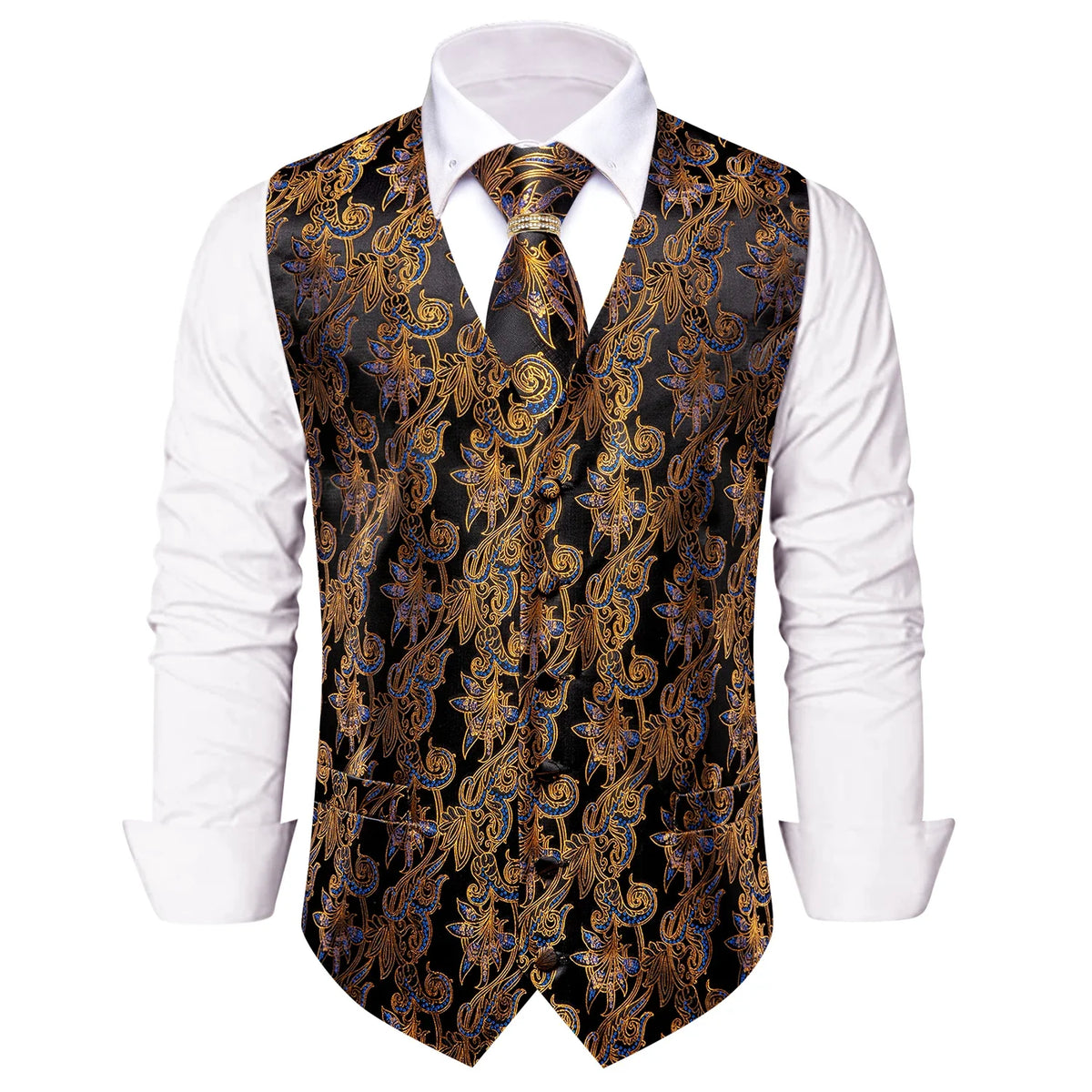 Men's Vest 5-Piece Set Black Gold Scroll Jacquard V-Neck for Banquets and Vintage Theme Events