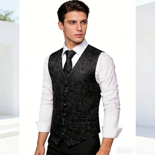 Men's Vest Suit Set Floral Paisley All Black Waistcoat with Tie Hanky Cufflinks for Wedding
