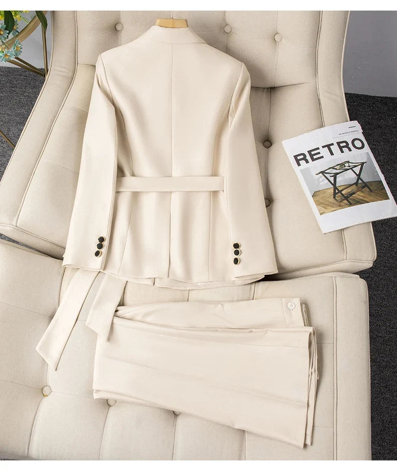 Autumn Winter New Women's Blazer Suit Trousers Two Piece Outfit 2025 New Fashion Lace Up Jacket and Pant Sets Office Wear