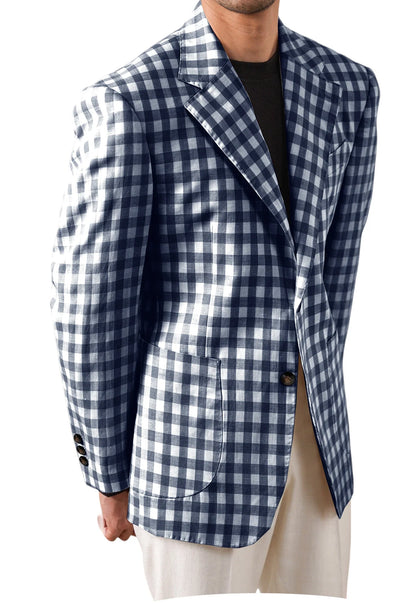 Men's Checkered Cotton Blazer Notched Lapel Single-Breasted Casual Business Summer Sport Coat with Patch Pockets