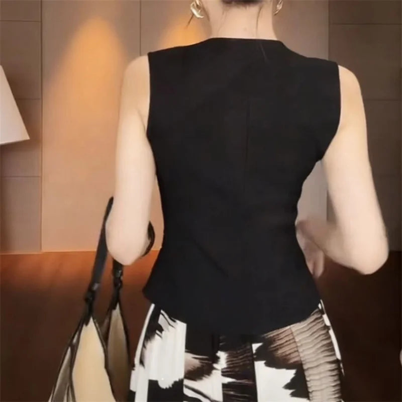 Korean Ladies Fashion Solid Color Cardigan Vest Coat Summer Women V-neck Suit Sleeveless Jacket Femme Casual Short Waistcoat Top