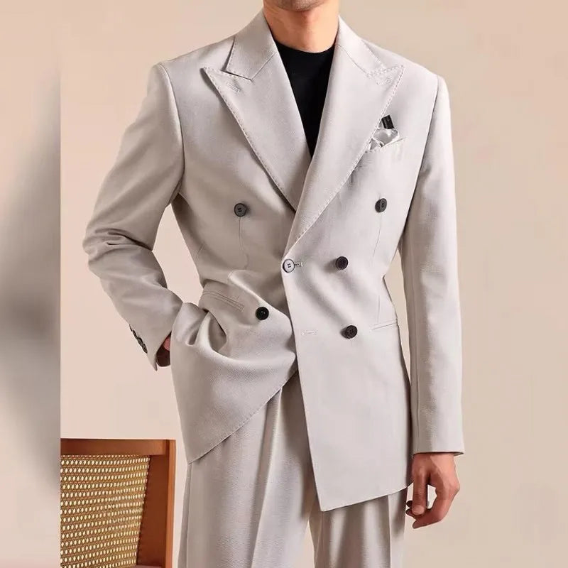 Men Gentleman Style Business Casual Blazers Suits Two Button Double Breasted Jacket Match Set Slim Fit Full Length Pant Outfits