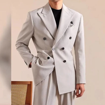 Men Gentleman Style Business Casual Blazers Suits Two Button Double Breasted Jacket Match Set Slim Fit Full Length Pant Outfits