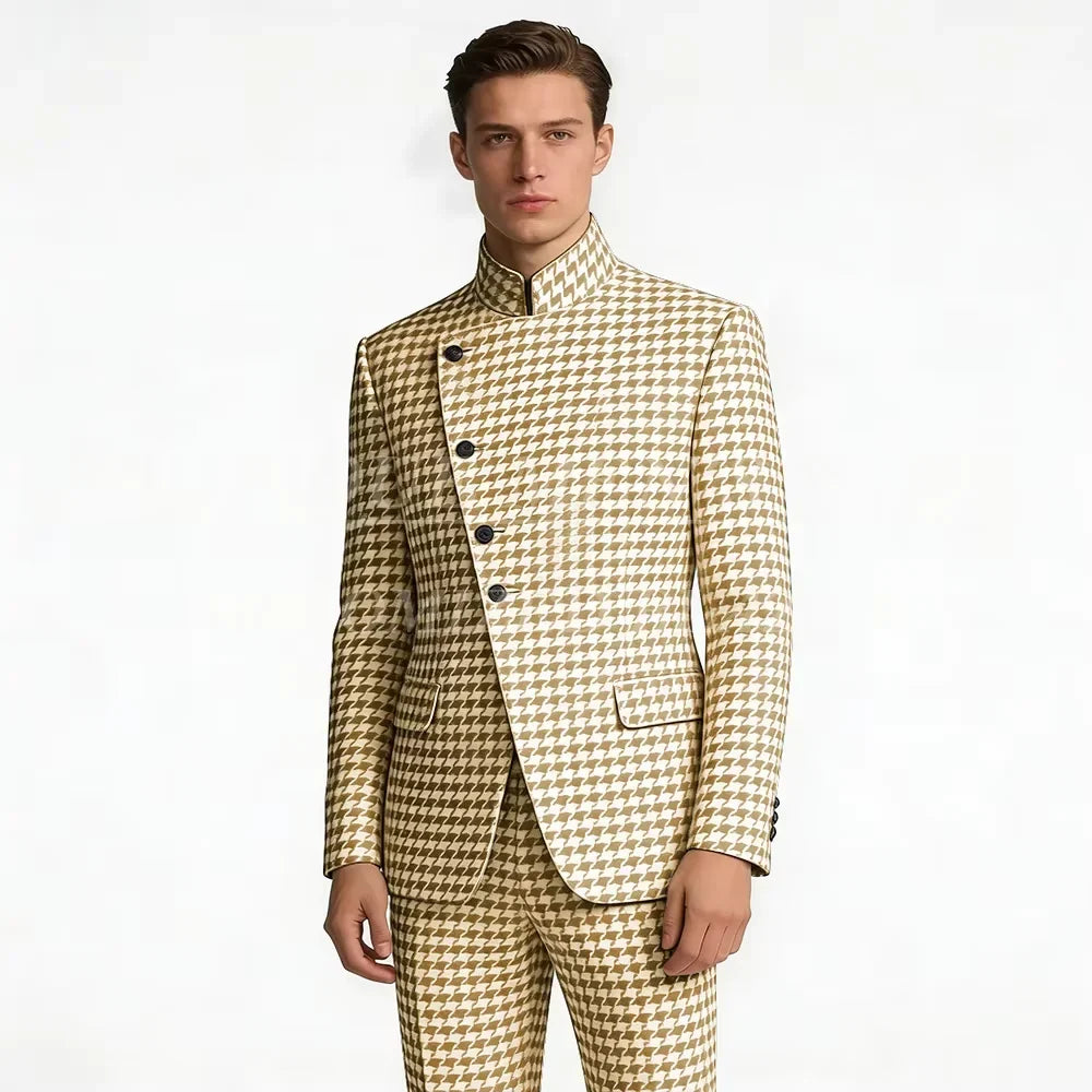 Elegant Men's Houndstooth Suit 2 Piece Mandarin Collar Slim Fit Fashion Jacket Pants Vintage Male Set For Formal Business Weddin