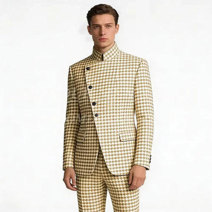 Elegant Men's Houndstooth Suit 2 Piece Mandarin Collar Slim Fit Fashion Jacket Pants Vintage Male Set For Formal Business Weddin