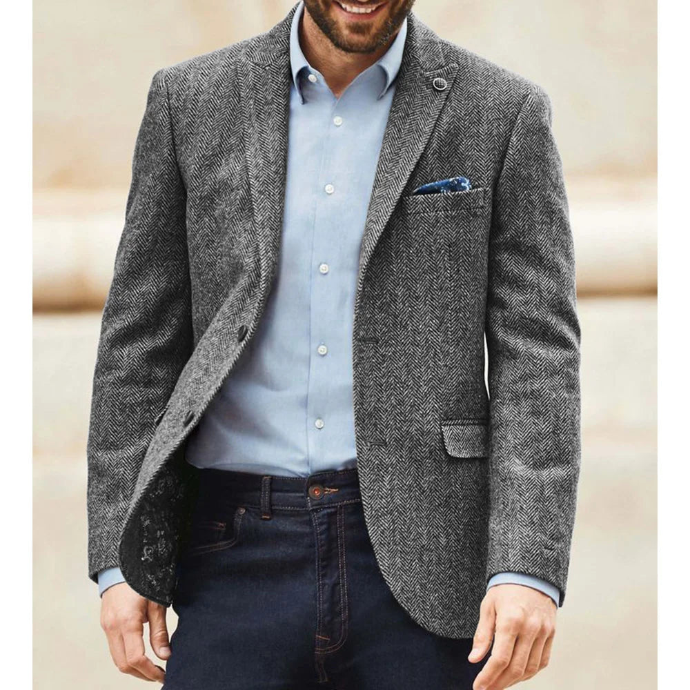 Fashion Men's Herringbone Blazer Classic Notch Lapel Jacket Elegant Slim Fit Fashion Simple Casual Business Outerwear