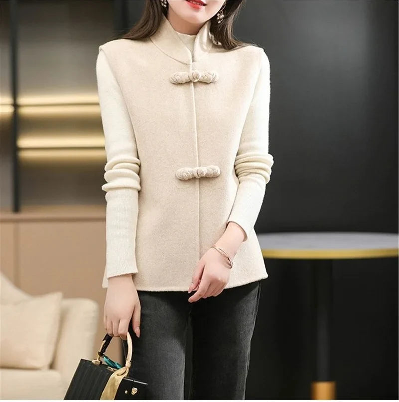 Woolen Vest Women's Standing Neck Button Chinese Style Loose Versatile Thin Wool Vest Outerwear Coat Sleeveless Jacket For Women