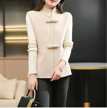 Woolen Vest Women's Standing Neck Button Chinese Style Loose Versatile Thin Wool Vest Outerwear Coat Sleeveless Jacket For Women