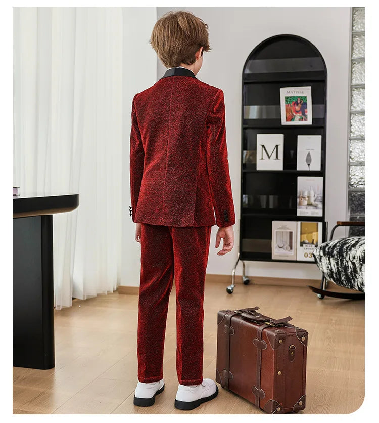 Kids Red Shining Jacket Pants Bowtie 3Pieces Suit Set 1-11Years Boys Formal Wedding Birthday Party Piano Performance Costume