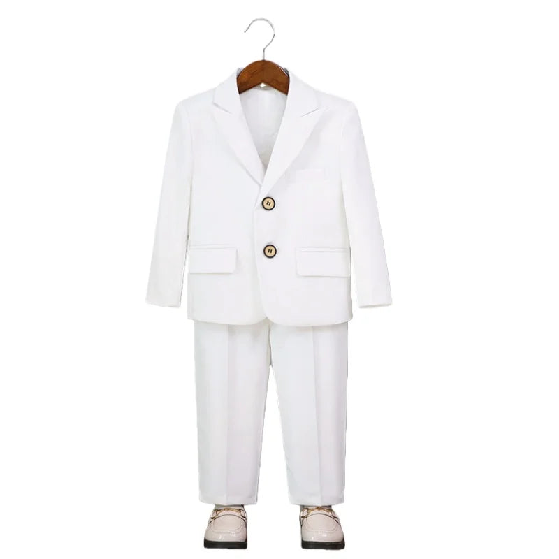 Kids White Suit Set Boy Formal Wedding Birthday Party Wear Children's Jacket Vest Pants Bowtie+Pocket Towel 5Pieces Clothes Set