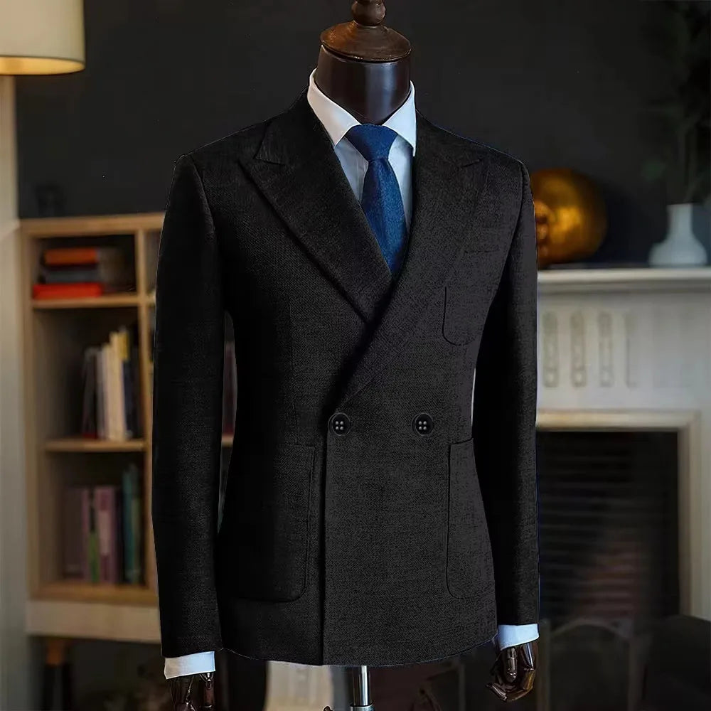 Classic Men Linen Blend Suit Blazer Double Breasted Peak Lapel Man Formal Jacket  Business Slim Fit Lightweight Coat For Wedding