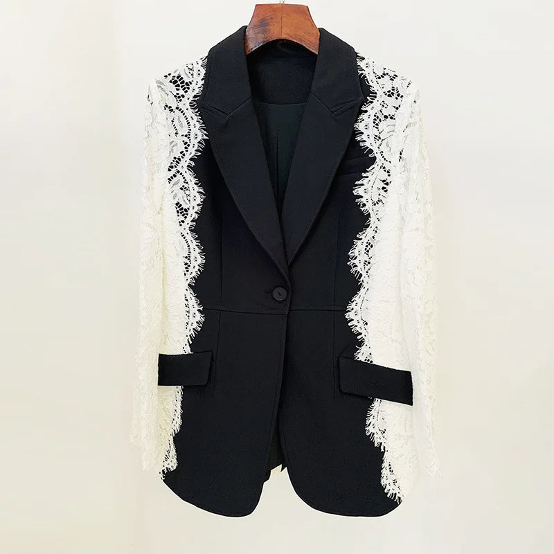 Autumn New Women Tide Chic Elegant Fashion Single Button Patchwork Lace Contrast Color Waist Cinching Pocket Blazer  HK7609