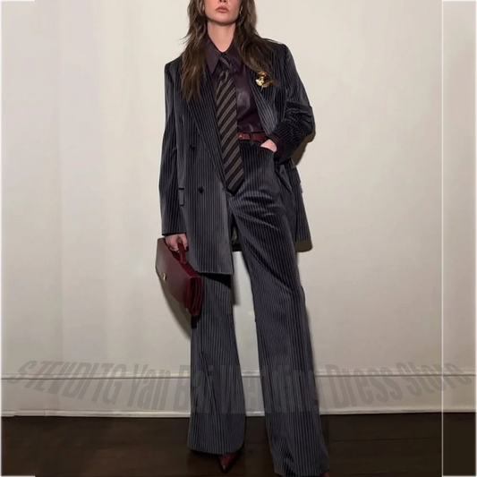 Luxury Chic Pinstriped Pant Suits for Women Straight Peak Lapel Double Breasted Business Casual Lady Set(Jacket+Trousers)