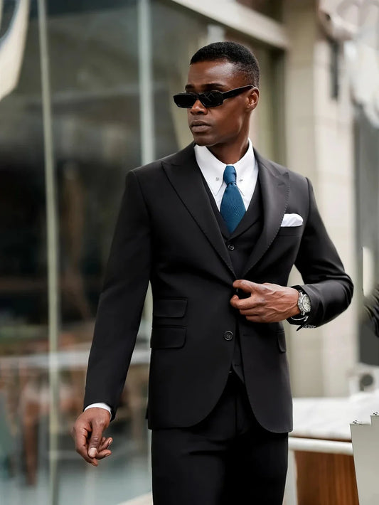 Black Men's Formal Business Suit Set Stylish Classic Peak Lapel Suits 3 Pieces Blazer Vest Pants Wedding Party Tuxedo Customized