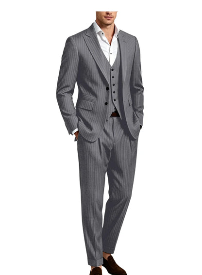 Men's 3-Piece Pinstripe Suit – Slim Fit Notched Lapel Blazer, Vest & Trousers for Wedding & Business