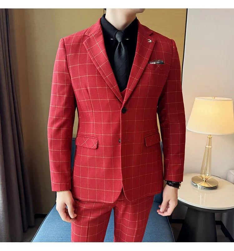 Men's 3-Piece Slim Fit Plaid Suit – Jacket, Vest & Pants for Weddings, Office & Formal Occasions