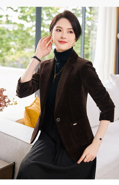 Autumn and Winter Blazer Women's Corduroy New Long Sleeve Professional Blazer Women's Coat Office Female Blazers Jacket Coat