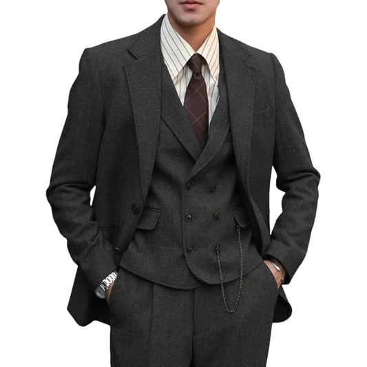 Hot Sale Men's Three-Piece Suit Herringbone Slim-Fit Business Casual 3 Piece Set Banquet Wedding Suit Formal Blazer Dress Jacket