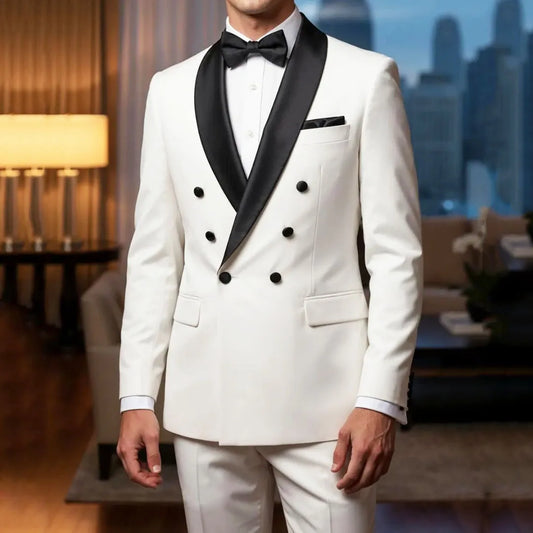 Men Suit White 2 Piece Double Button With Bright Black Lapel For Wedding Birthday Banquet Party Prom Business Work Jacket Pants