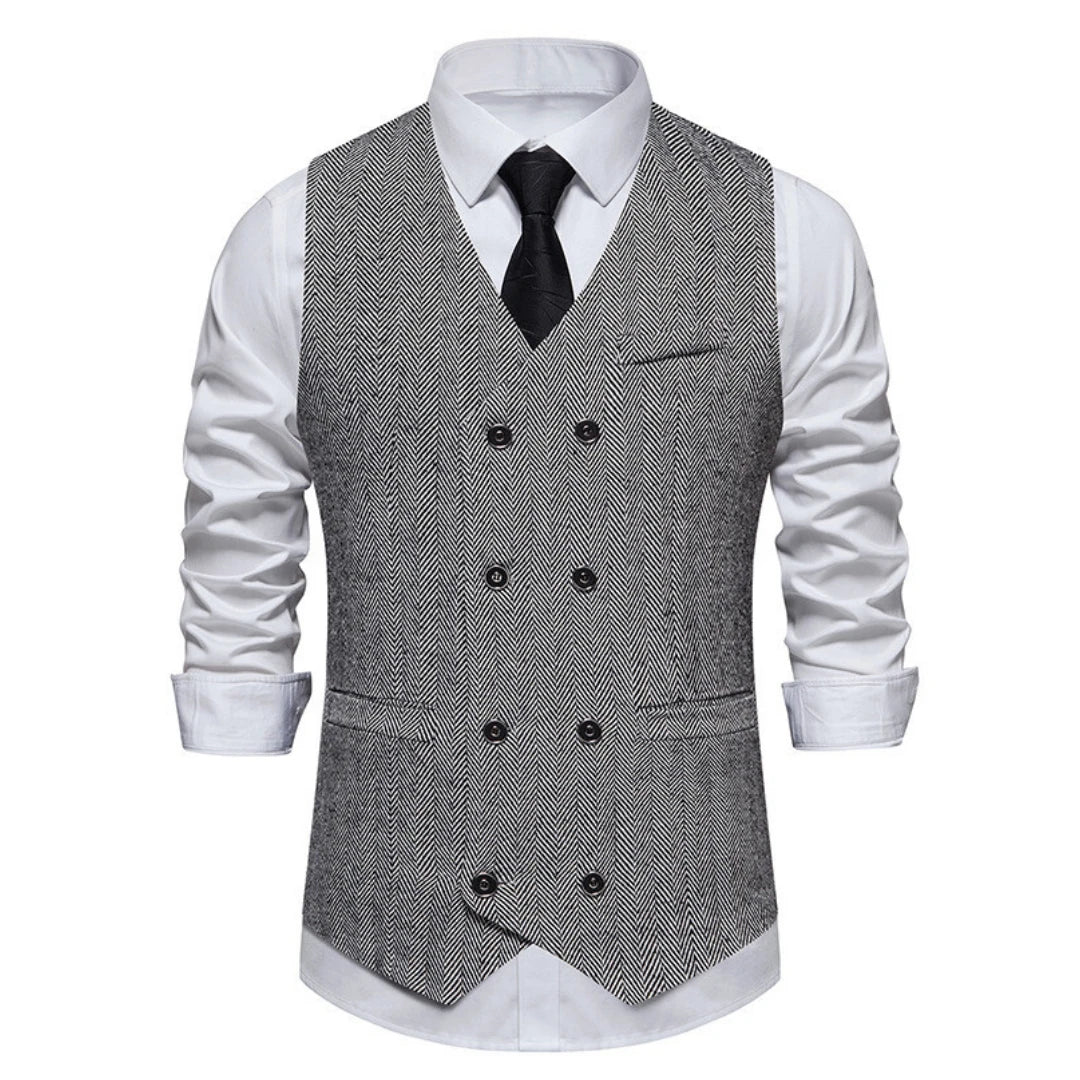Men's Herringbone Vest Double Button V-Neck Waistcoat for Weddings & Business