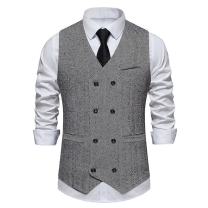 Men's Herringbone Vest Double Button V-Neck Waistcoat for Weddings & Business