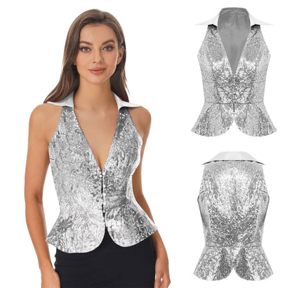 Women's Vest Dressy Party Tops Sequins Waistcoat Sparkly Sleeveless Vests Rave Music Festival Nightclub Jazz Dance Cosutme