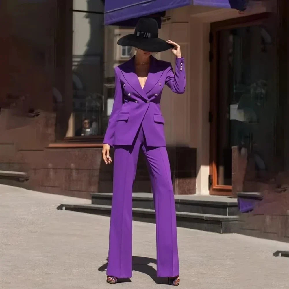 2 Piece Women Suits Purple Pant Sets Double Breasted Peak Lapel Tuxedo Prom Party Fashion Daily Casual Office Long Sleeve