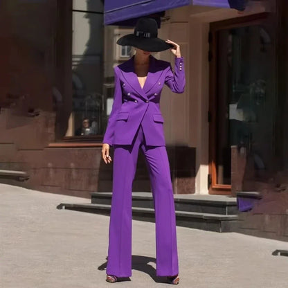 2 Piece Women Suits Purple Pant Sets Double Breasted Peak Lapel Tuxedo Prom Party Fashion Daily Casual Office Long Sleeve