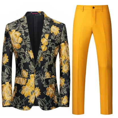 Men Suit 2 Pieces Orange Flower Pattern One Button Business Casual For  Wedding Birthday Party Set Jacket And Pants