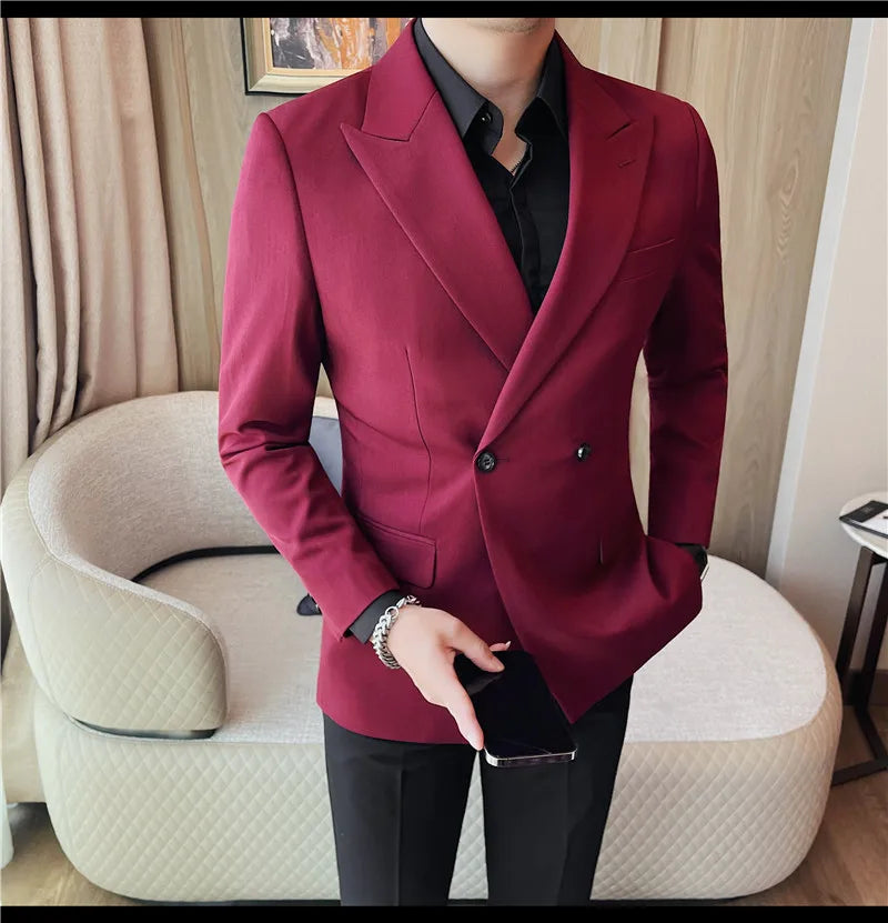 British Style Double Breasted Blazer Jackets Men High Quality Casual Business Suit Jacket Slim Business Wedding Groom Dress