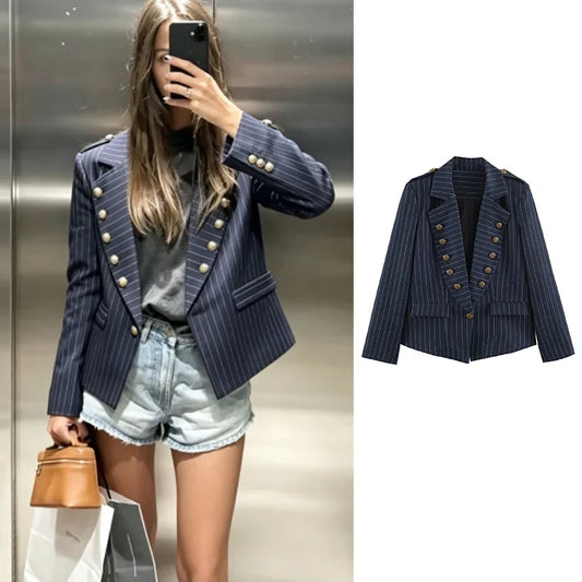 Autumn New Women's Blazers Blouse 2026 Fashion Stripe Slim Warm V-neck Office Blazers Street Chic Fall Women's Travel Jackets
