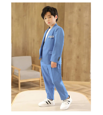 Boys Formal Suit Set Kids Wedding Tuxedo Jacket Pants Blue Ceremony Outfit