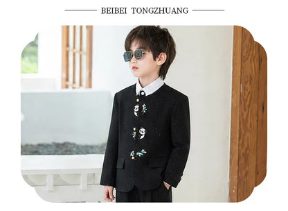 90-160 Kids New Chinese Tang Suit Hanfu Embroidery Suit Flower Boys Host Recitation Performance Costume