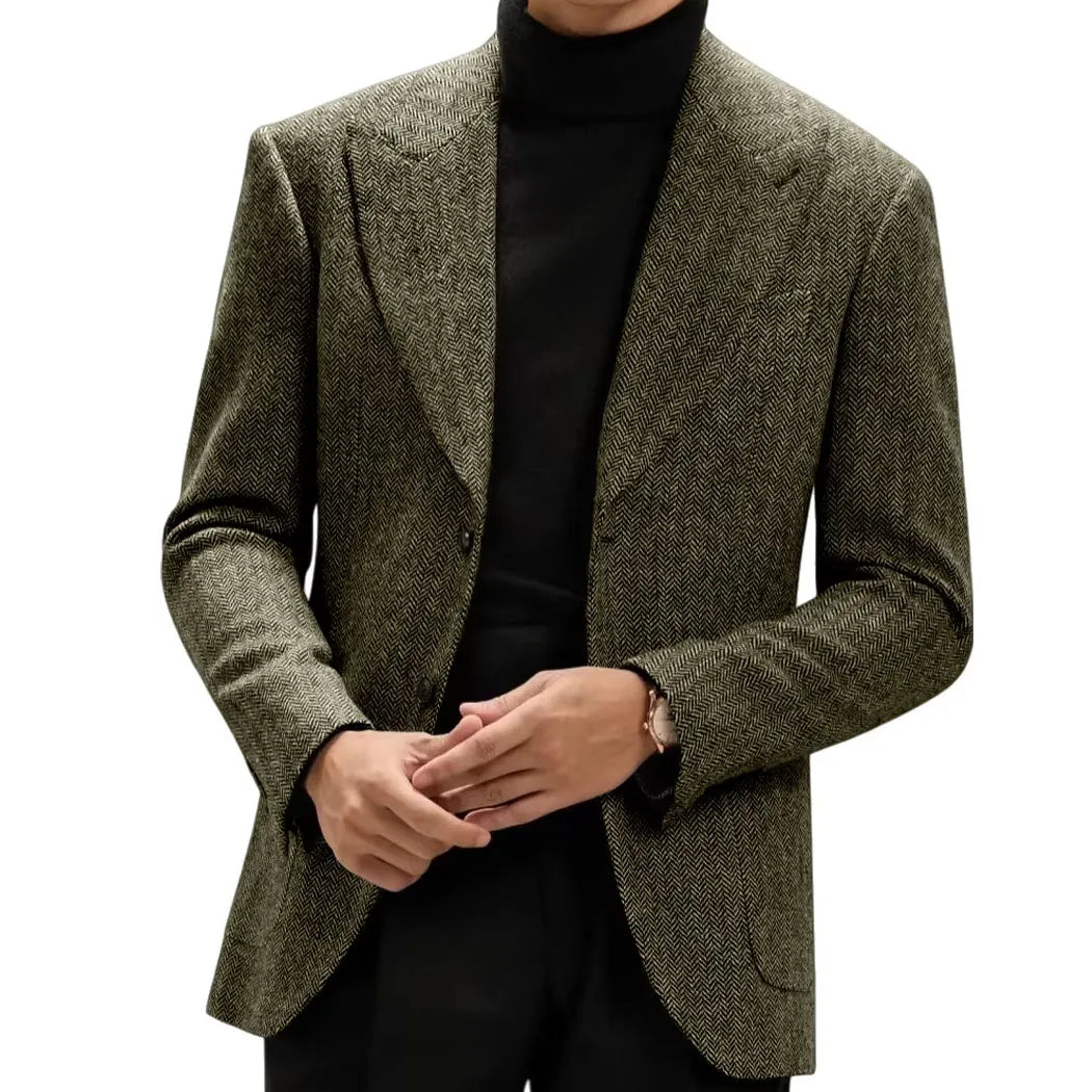 Classic Italian Men's Suit Jacket, Single Breasted, Autumn Winter Retro Warm Suit Men Herringbone Business Casual Men's Clothing