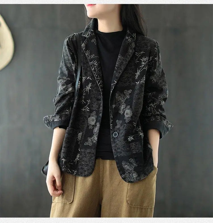 Women's Retro Chinese Style Denim Jacket Bamboo Flower Print Casual Loose Single Breasted Jean Blazer Women Vintage Outerwear
