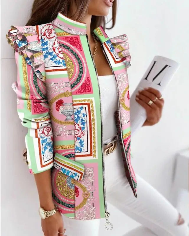 Autumn Winter Long Sleeve Print Blouse Women's Slim Fit Suit Jacket with Lace Hem Zipper Closure Fashionable Elegant Style