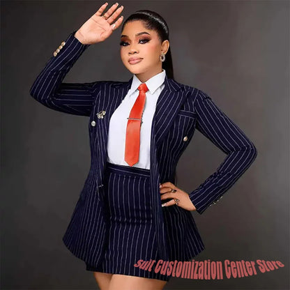 Vintage Peaked Lapel Stripe Women Suits Elegant Blazer+Mini Skirt 2 Pieces Slim Fit Office Lady Wear Customized Set
