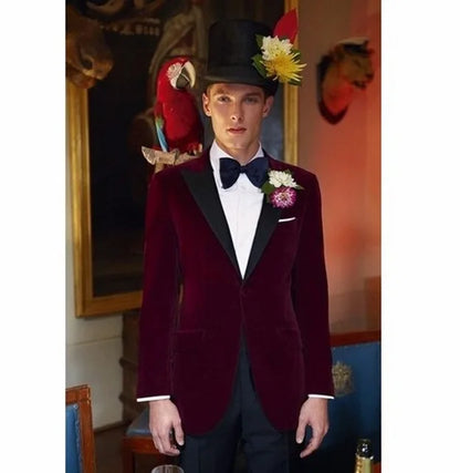 Men's Casual Velvet Blazer Peak Lapel One Button Slim Fit Dinner Jacket Elegant Suit Blazer for Wedding Banquet  Party
