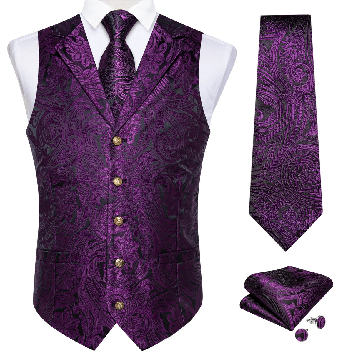 Men's Paisley Suit Vest – Single-Breasted Waistcoat with Tie, Handkerchief & Cufflinks for Weddings & Banquets
