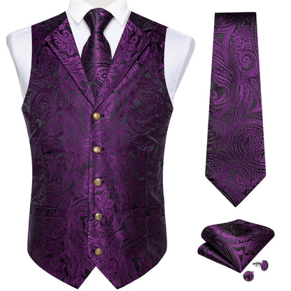 Men's Paisley Suit Vest – Single-Breasted Waistcoat with Tie, Handkerchief & Cufflinks for Weddings & Banquets