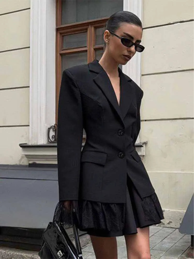 Woman Early Spring Fashion Long Sleeves Single Breasted Lace Patchwork Decoration Blazer Female Casual Slim Commuting Coat