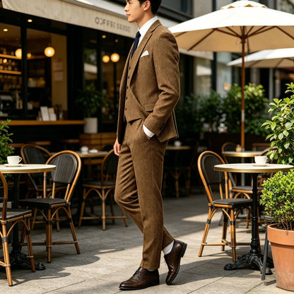 3-Piece Suit Men Herringbone Tweed Slim Fit Blazer Vest Pants Set for Wedding Business Formal