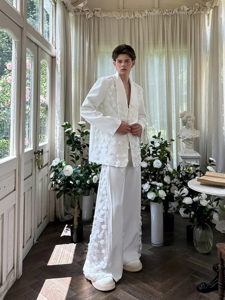Mens Spliced Flowers Suit Jacket Wide Leg Pants Two Piece Set Loose Fit Spring Summer Designer Elegant Fashion Banquet Suits Set