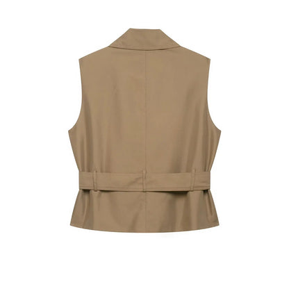 New Slim Fit Cropped Sleeveless Trench Vest Women Khaki Lapel Double Breasted Self Tie Belt Waist Cinching Street Outer Top